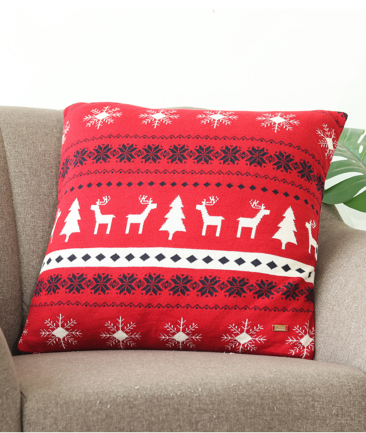 Reindeer & Snowflakes Cotton Knitted Decorative Cushion Cover (Red, Natural & Black) (20" x 20")
