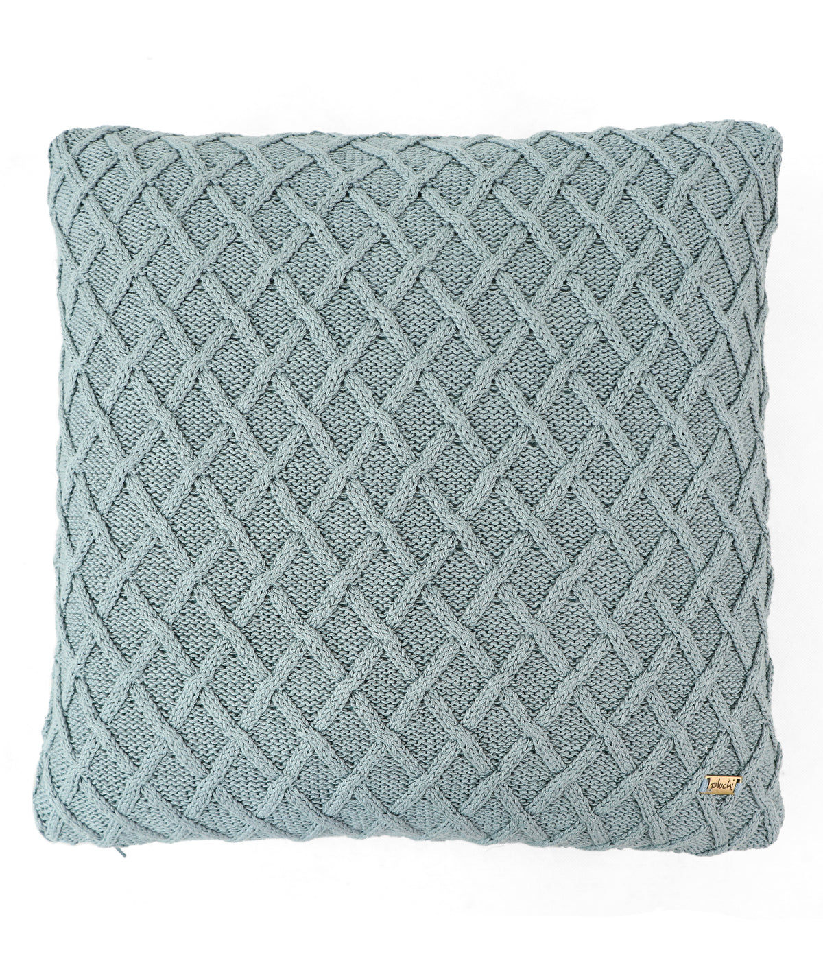Crest Blue Grey Cotton Knitted Decorative 16 X 16 Inches Cushion Cover