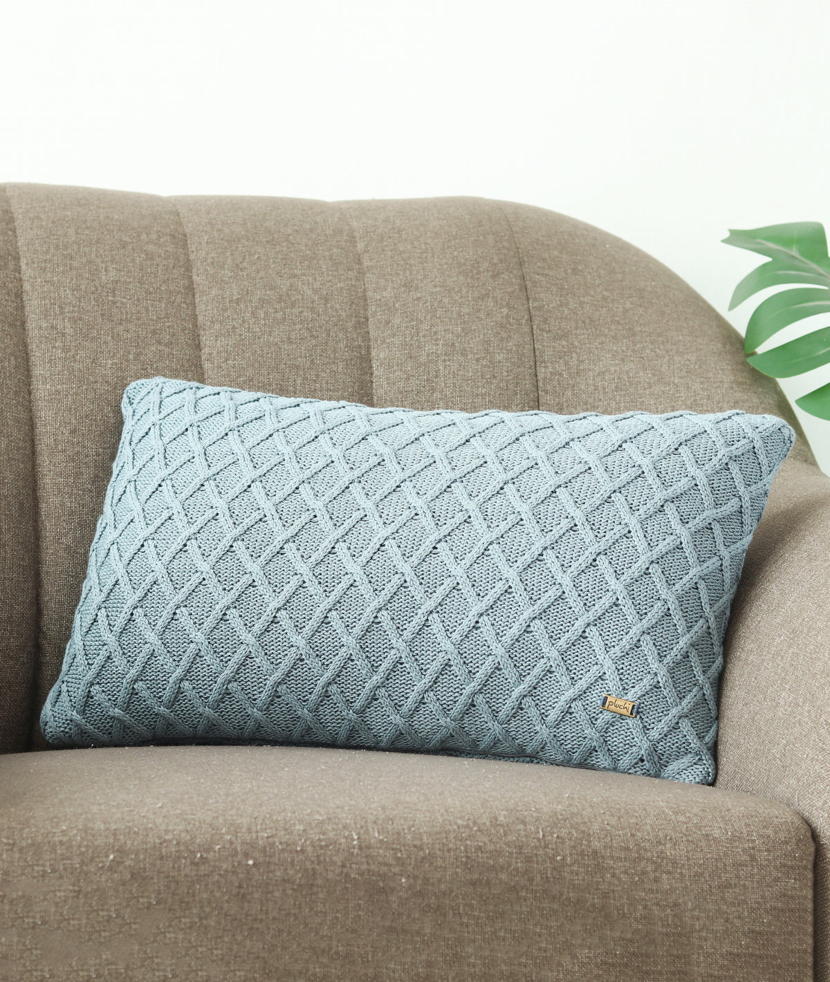 Crest Blue Grey Cotton Knitted Decorative 12 X 20 Inches Cushion Cover