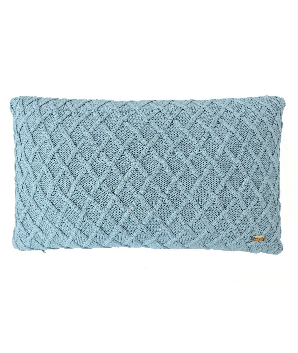 Crest Blue Grey Cotton Knitted Decorative 12 X 20 Inches Cushion Cover
