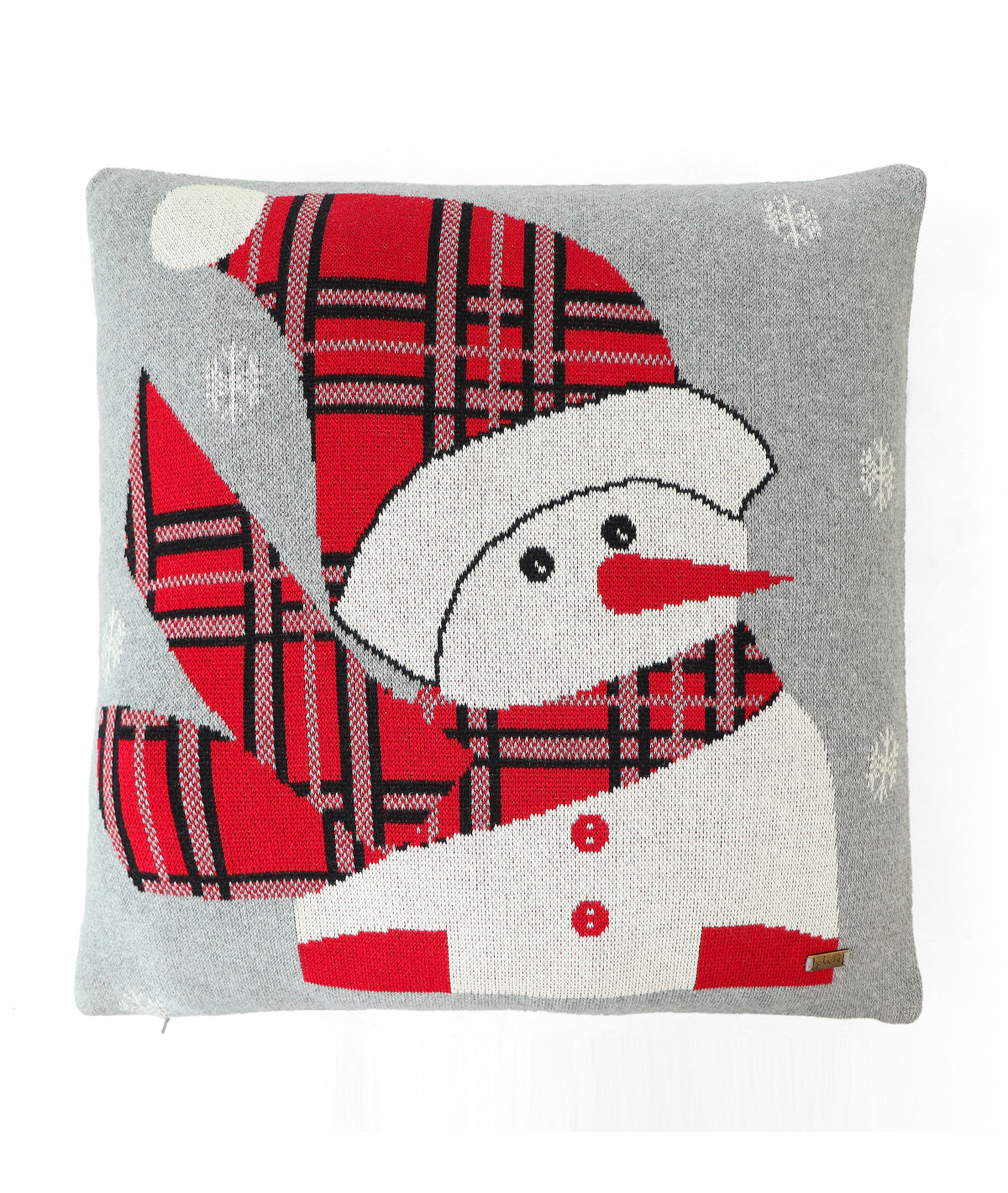 Snowman Cotton Knitted Decorative Cushion Cover (Light Grey Melange , Red, Black & Ivory) (18" x 18")