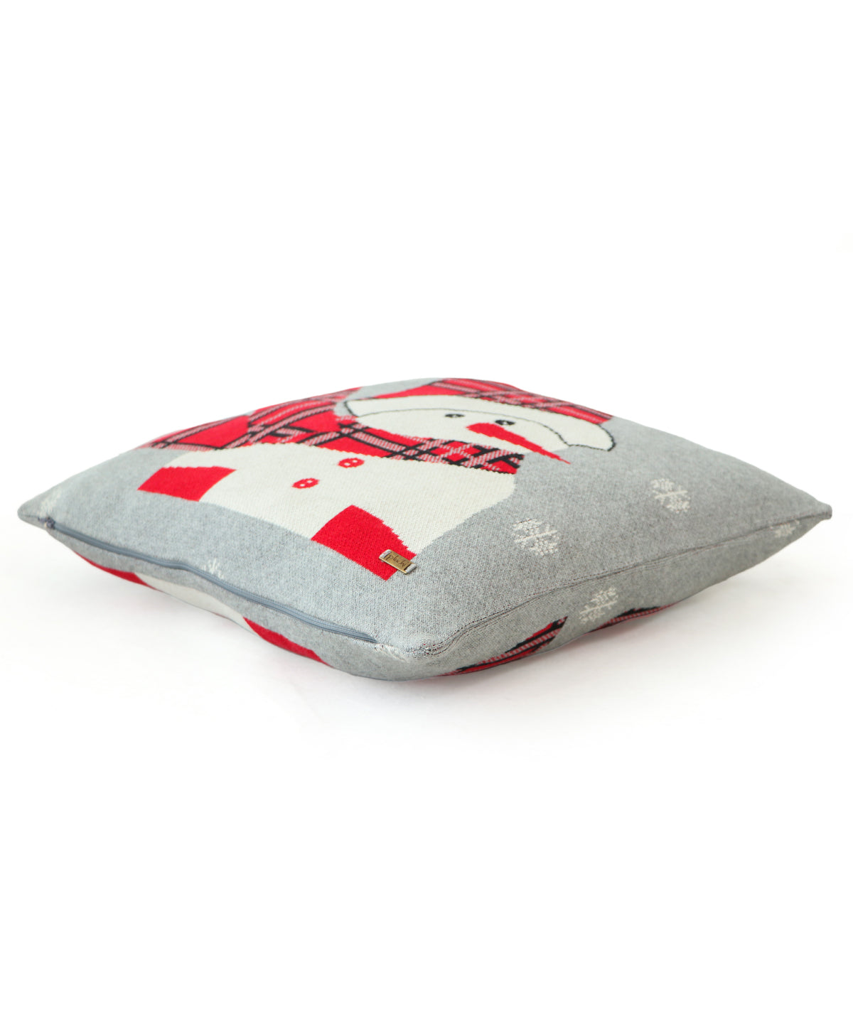 Snowman Cotton Knitted Decorative Cushion Cover (Light Grey Melange , Red, Black & Ivory) (18" x 18")