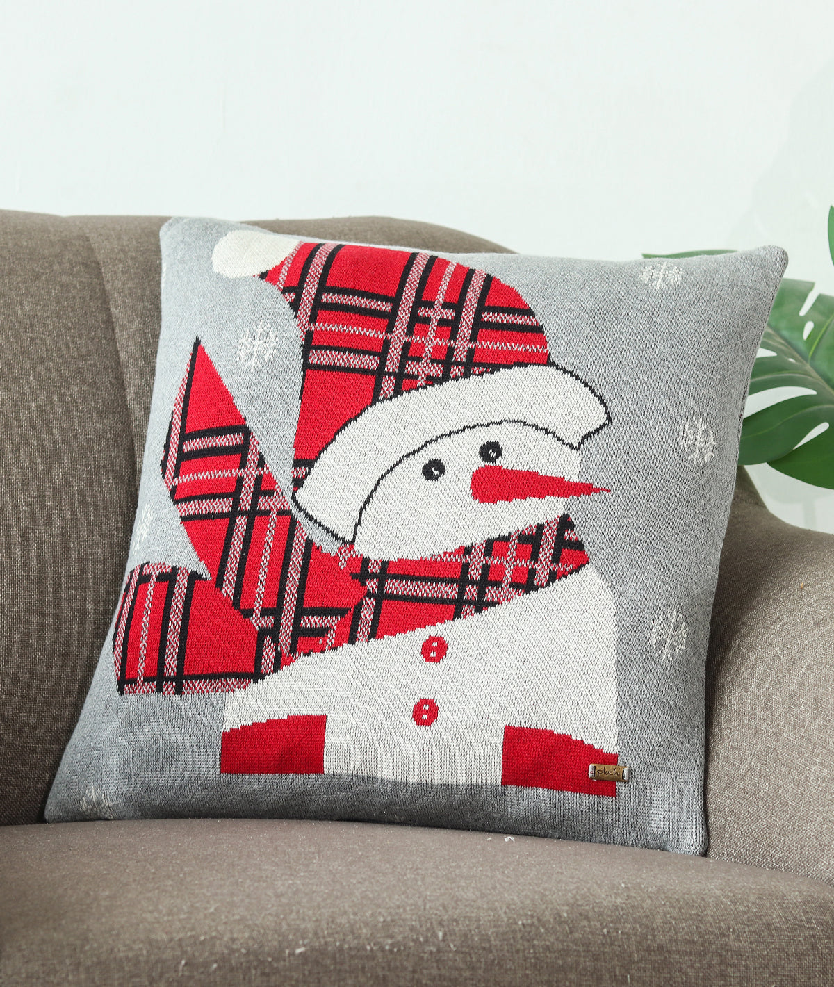 Snowman Cotton Knitted Decorative Cushion Cover (Light Grey Melange , Red, Black & Ivory) (18" x 18")
