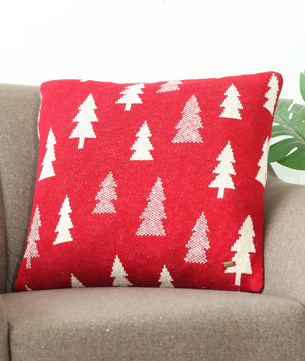 X-Mas Tree Red Cotton Knitted Decorative Cushion Cover (20" x 20")