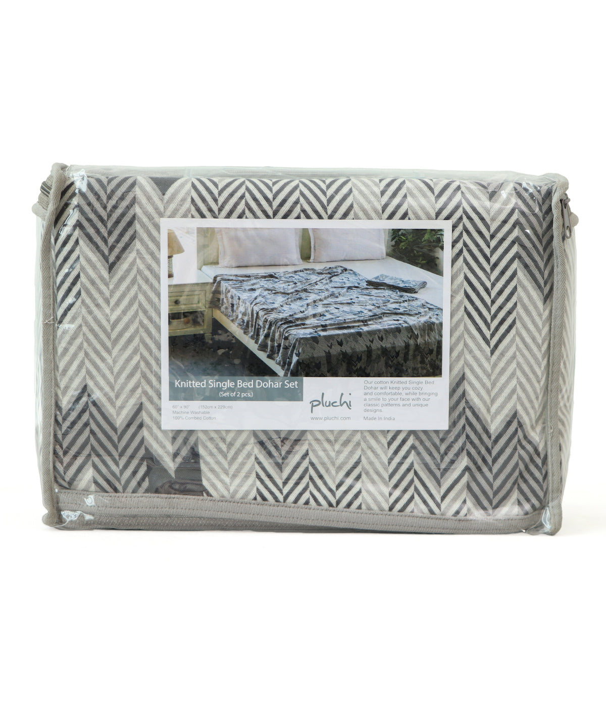 Herringbone Cotton Knitted Single Bed AC Blanket / Dohar For Round The Year Use (Set of 2 Pcs) (Natural & Dark Grey)