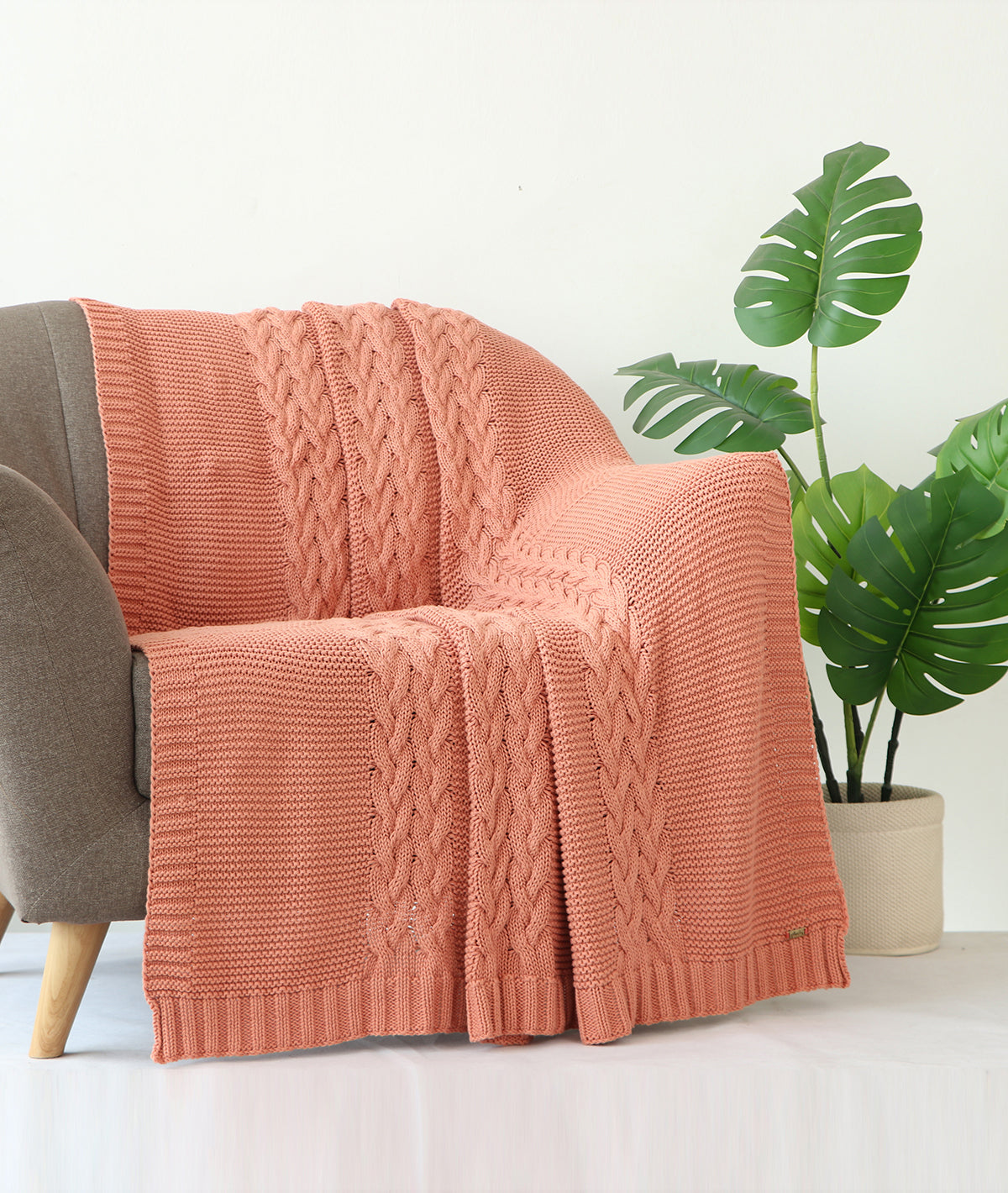 Archer Dusty Coral Cotton Knitted Throw /Blanket  For Round The Year Use (125x150cm)