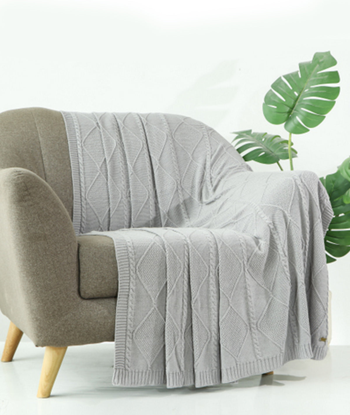 Cable Moss Throw Cool Grey Color 100% Cotton Knitted All Season AC Throw Blanket