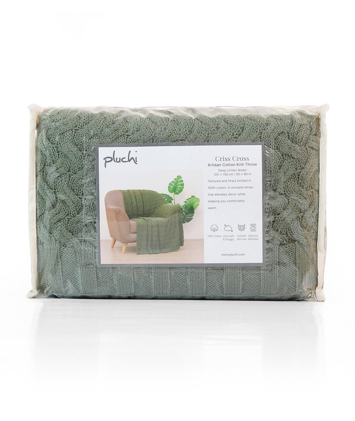 CRISS CROSS Deep Lichen Green 100% Cotton Knitted All Season AC Throw ...