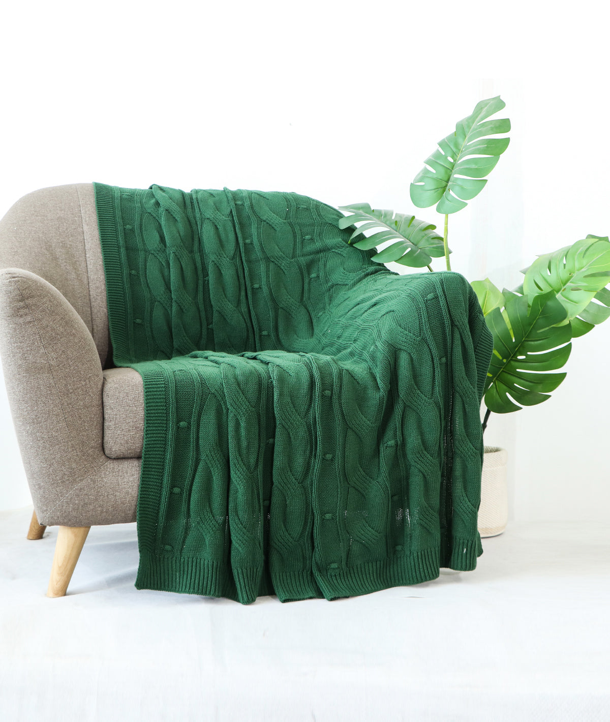 Granite Knit British Green Cotton Knitted Throw /Blanket  For Round The Year Use (125x150cm)