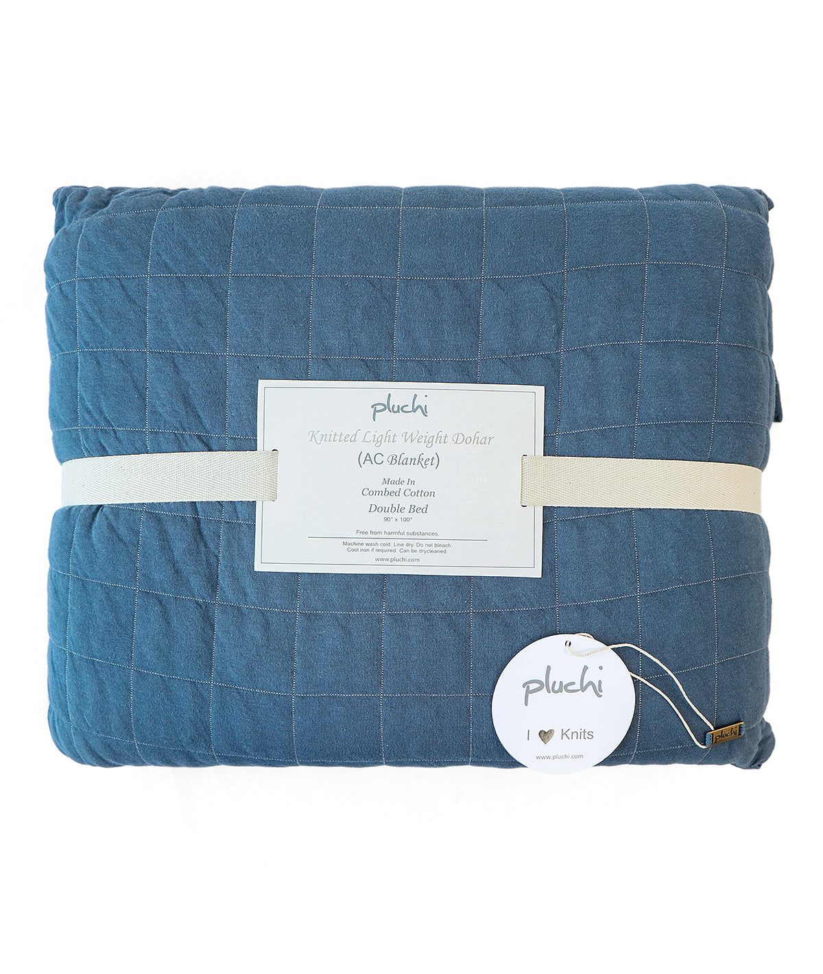 Square Cotton Knitted Light Weight Double Bed Dohar/Quilted Blanket (Steel Blue base with Silver Cloud)