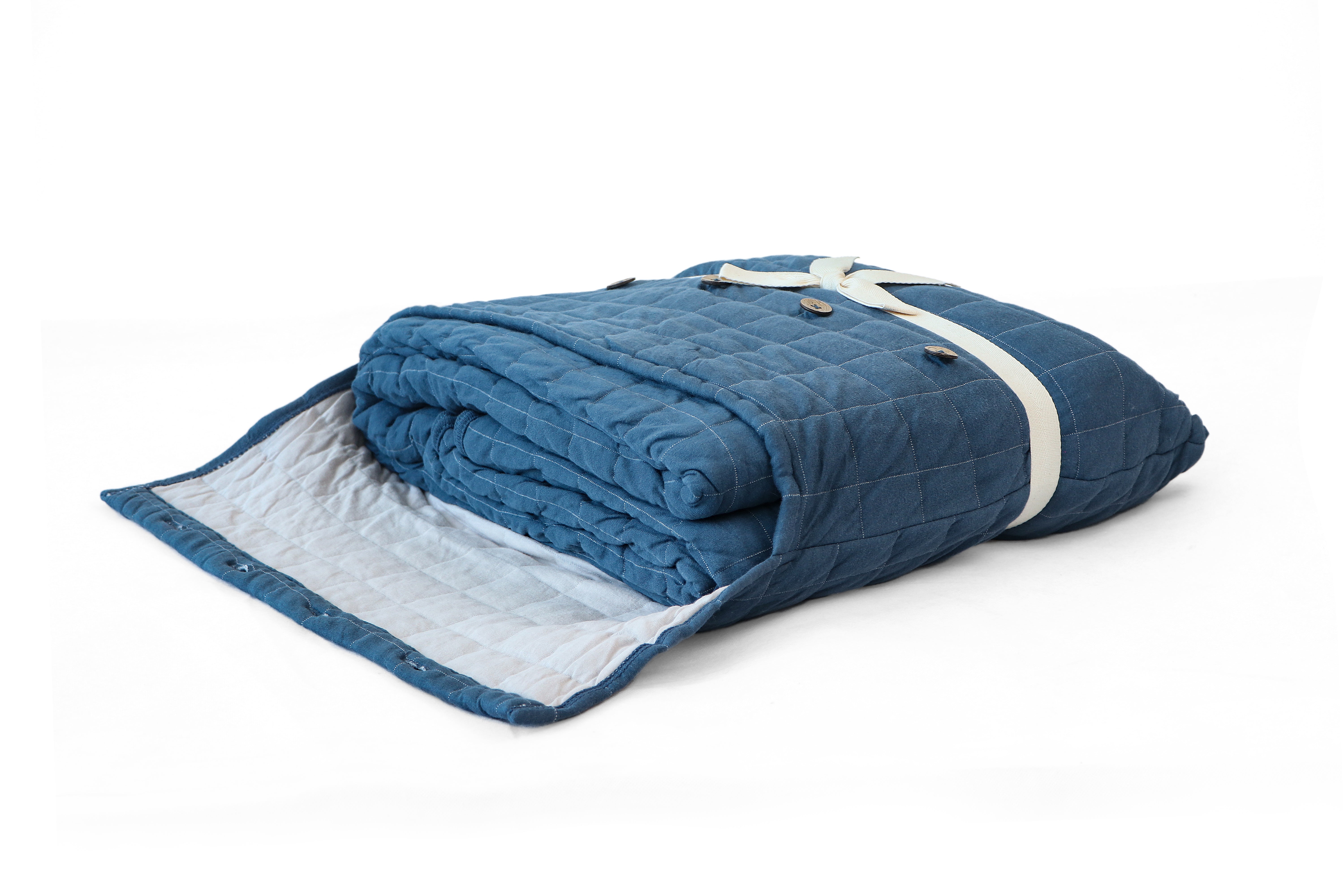 Square Cotton Knitted Light Weight Double Bed Dohar/Quilted Blanket (Steel Blue base with Silver Cloud)