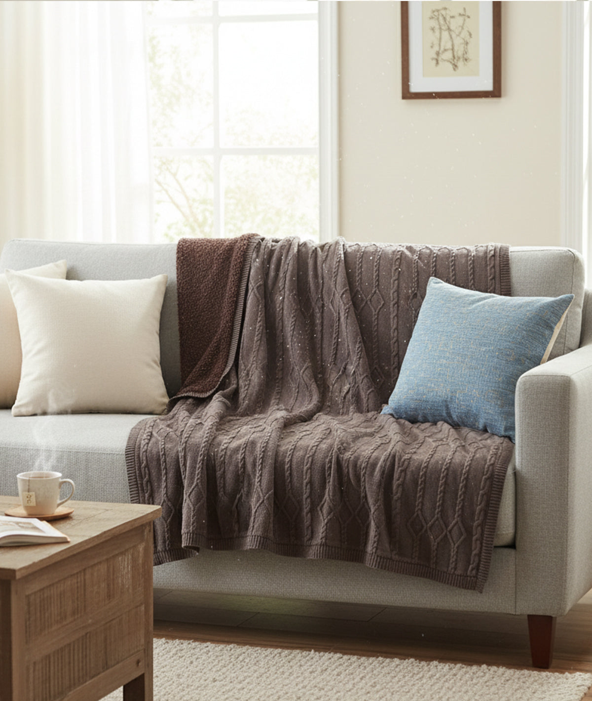 Twist Cable Cotton Knitted Throw Blanket With Warm Sherpa (Brown)