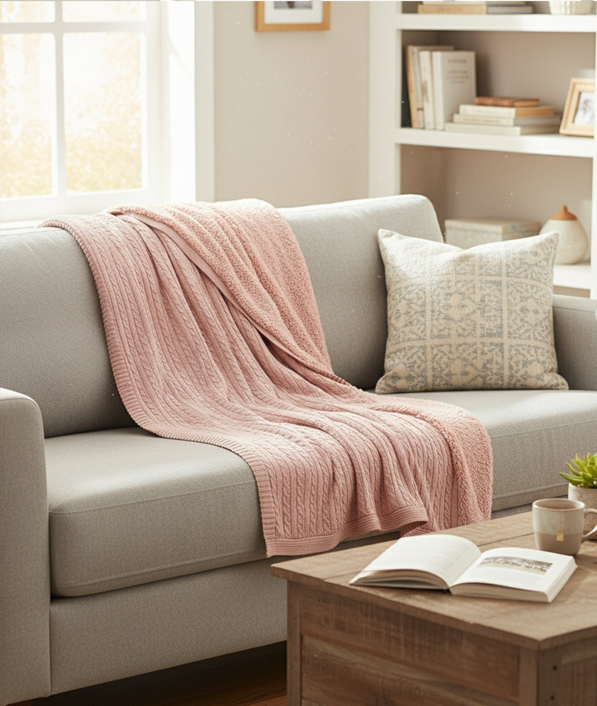 Cable Knit Cotton Knitted Throw Blanket With Warm Sherpa (Cameo Pink)