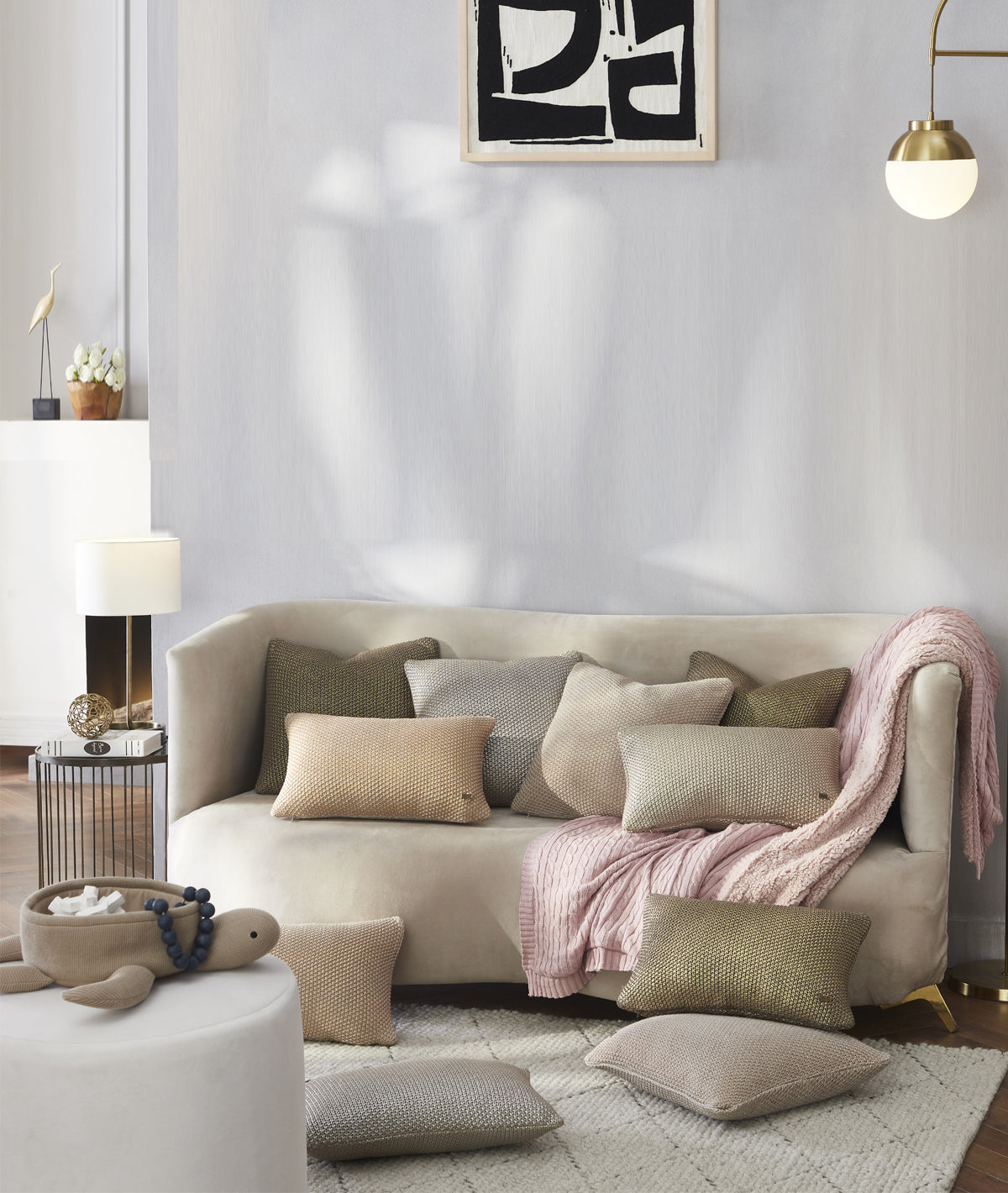 Cable Knit Cotton Knitted Throw Blanket With Warm Sherpa (Cameo Pink)