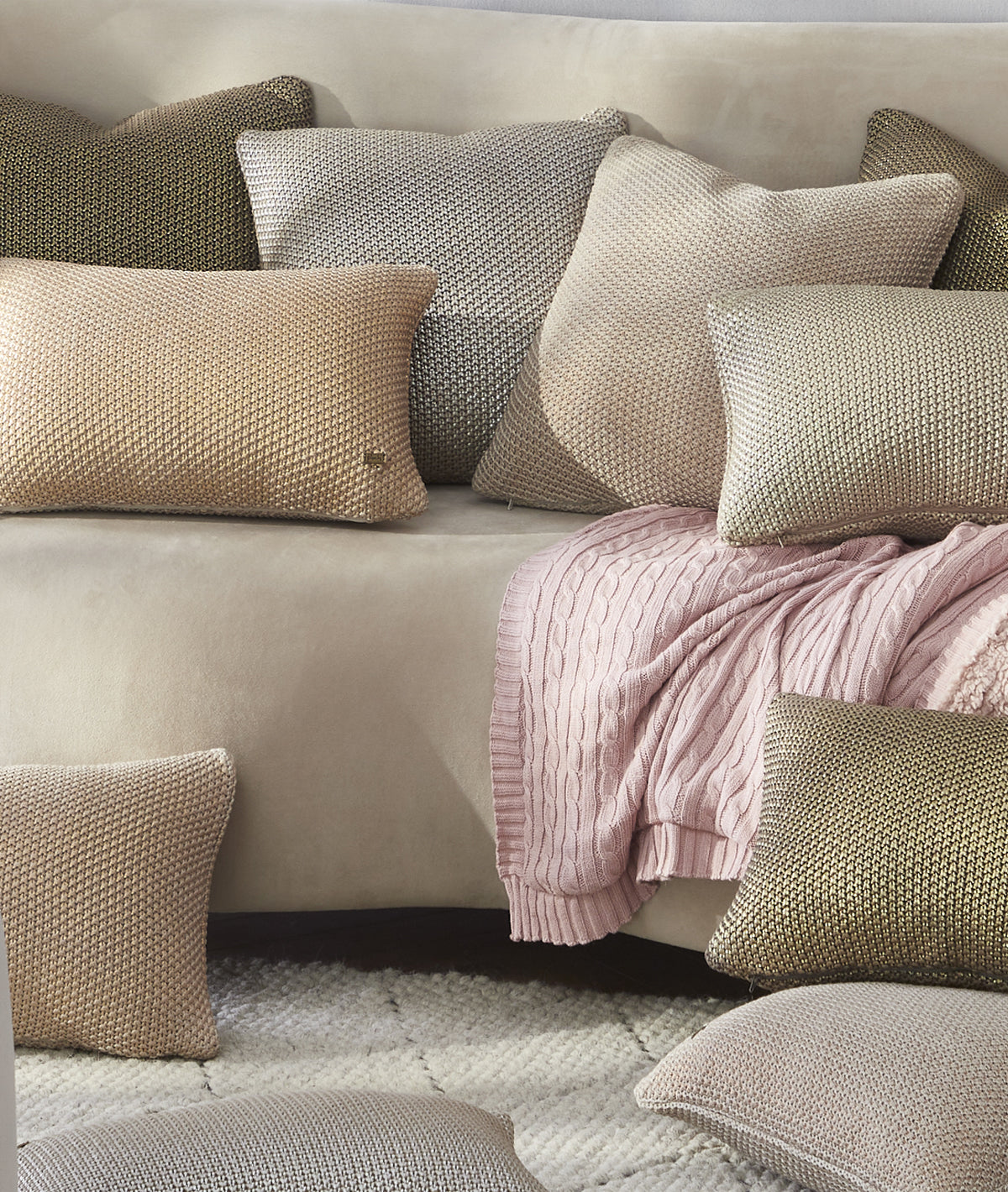 Moss Knit Foil Print Knitted Cotton Cushion Cover (Stone & Dull Gold Color) (30cm X 50cm)