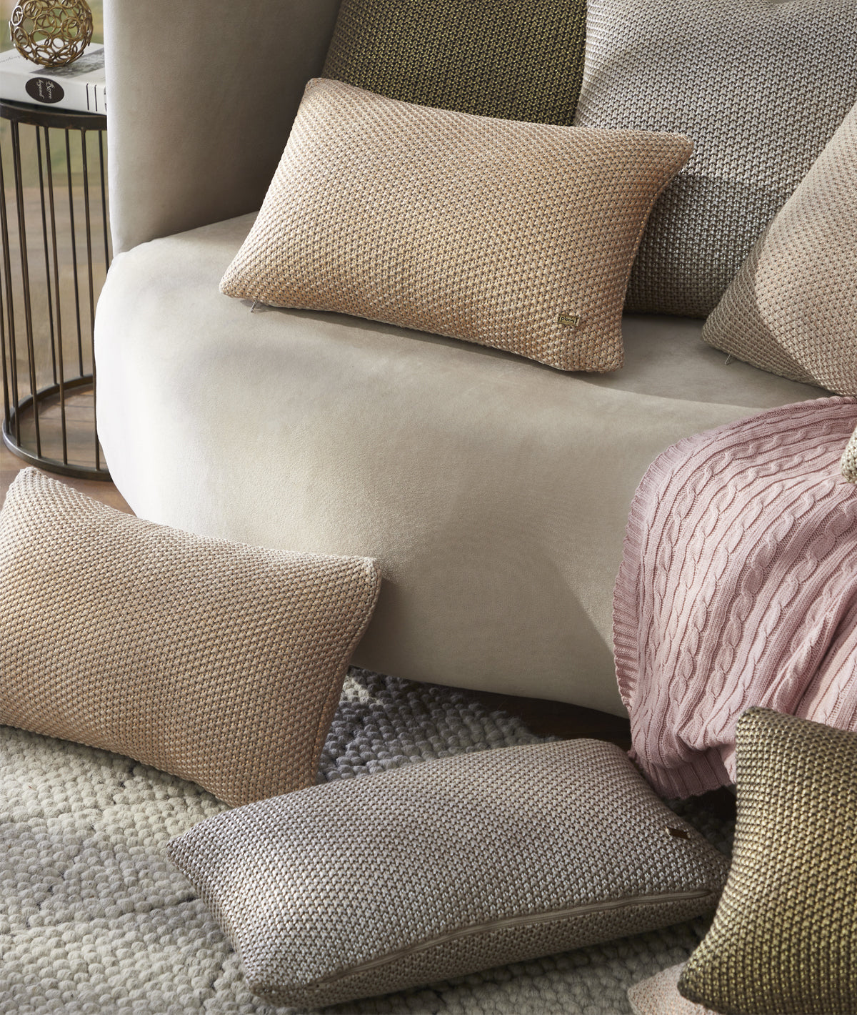 Moss Knit Foil Print Knitted Cotton Cushion Cover (Stone & Dull Gold Color) (30cm X 50cm)