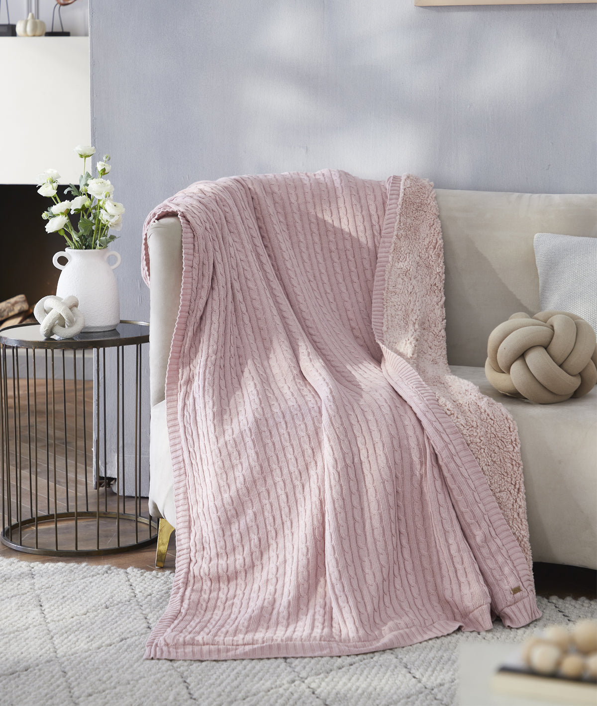 Cable Knit Cotton Knitted Throw Blanket With Warm Sherpa (Cameo Pink)