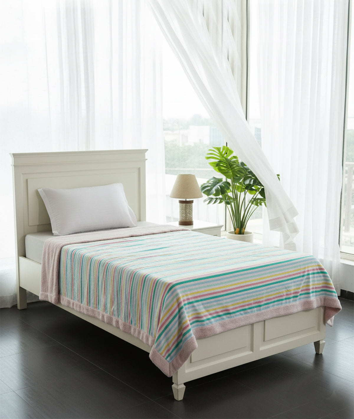 Multi Vibe with Multicolor Stripes Single Bed Cotton Knitted Blanket with Fur Back