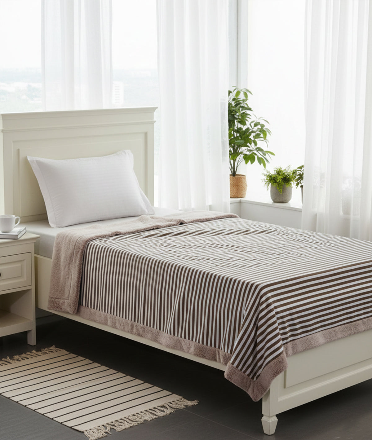 Stripe Warm Grey Single Bed Cotton Knitted Blanket with Fur Back