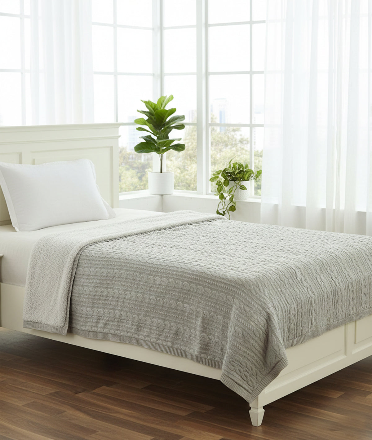 Arch Cable  Cotton Knitted Single Bed Sherpa Blanket (Vanilla Grey Mélange)