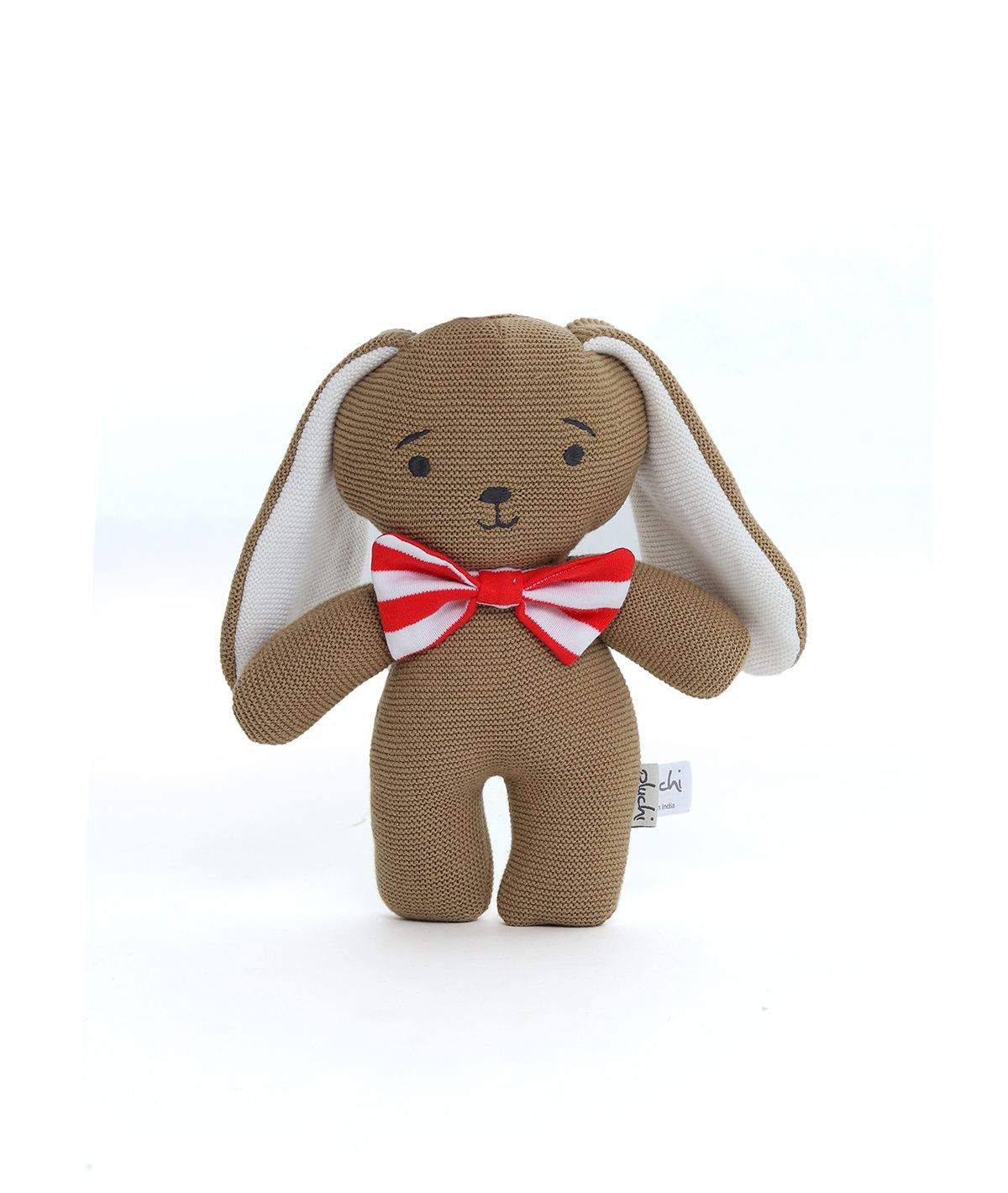 Mr. Bunny Rabbit Cotton Knitted Stuffed Soft Toy (Natural, Light Brown & Red)