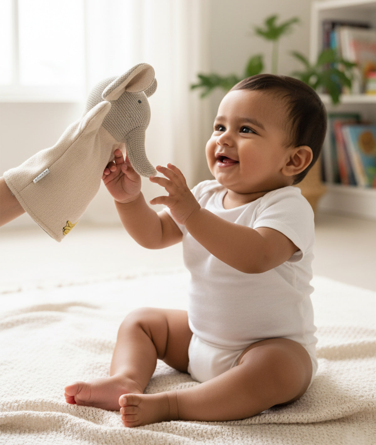 Elephant Hand Puppet Cotton Knitted Stuffed Soft Toy (Oat & Pale Whisper)
