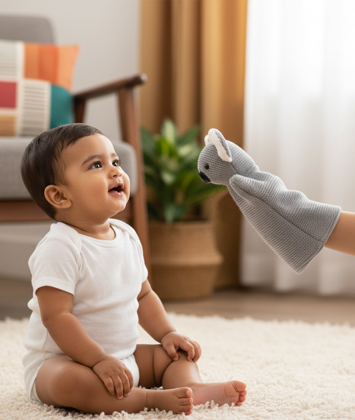 Koala Hand Puppet Cotton Knitted Stuffed Soft Toy (Light Grey Melange)