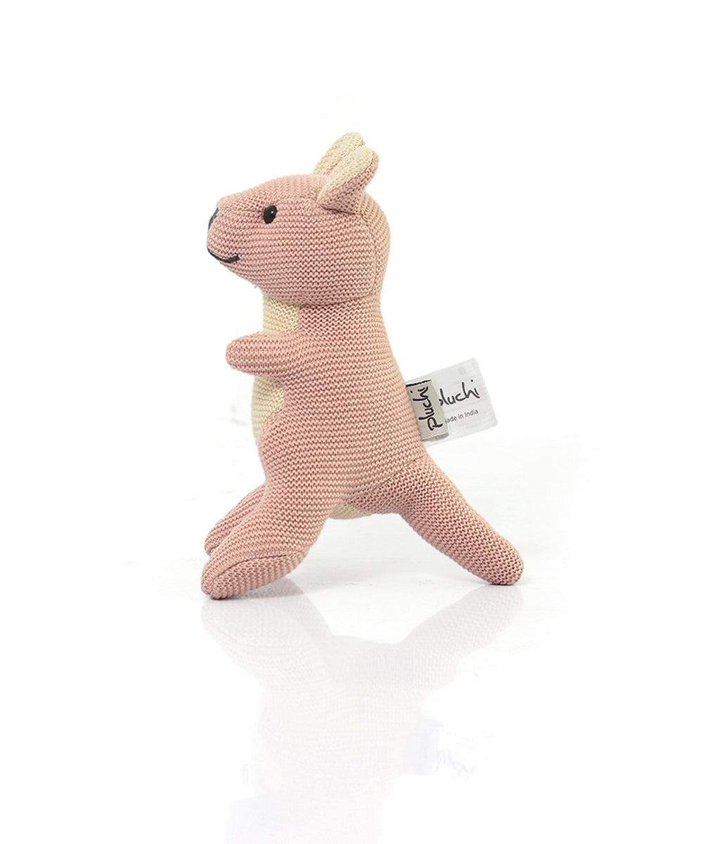 Doodle Kangaroo Rattle Cotton Knitted Stuffed Soft Toy (Pale Pink & Na ...