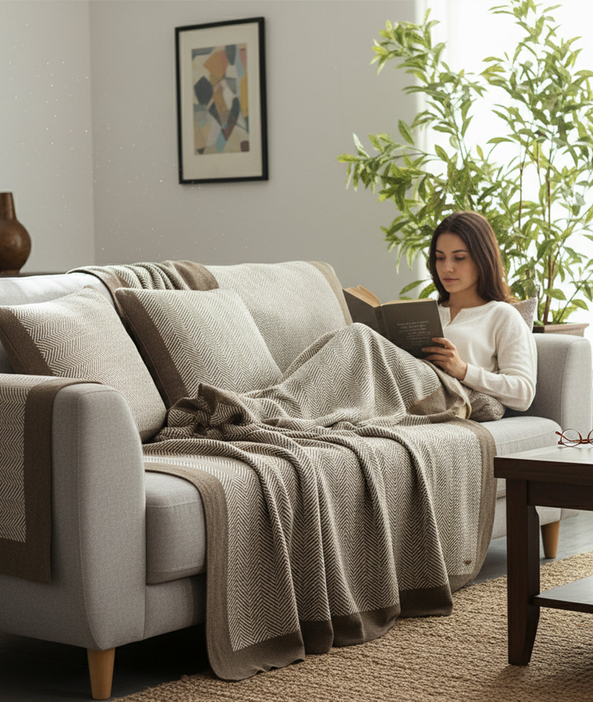 Herringbone Cotton knitted Throw & Cushion Cover (2 pcs) Gift Combo in Dark Brown Melange & Natural Color