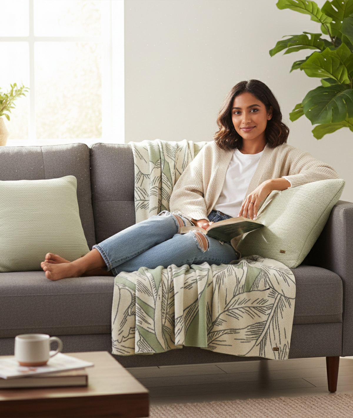 Tropical Gift Combo Knitted Throw & Cushion Cover - 2pcs in Mint & Natural Color