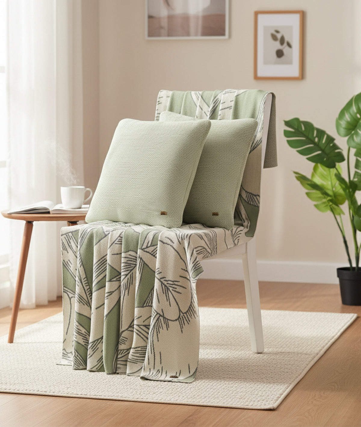 Tropical Gift Combo Knitted Throw & Cushion Cover - 2pcs in Mint & Natural Color