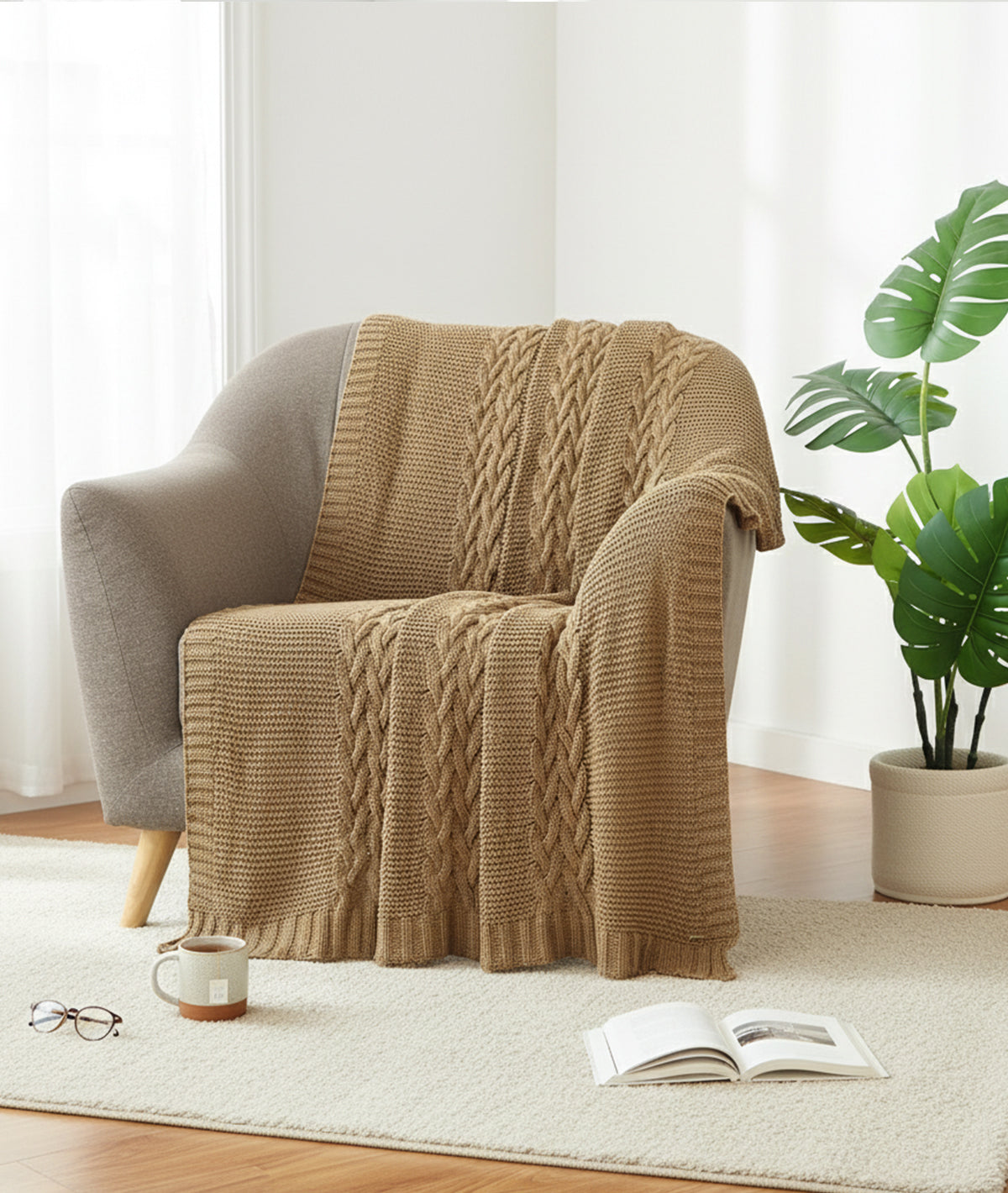 Archer Latte Cotton Knitted Throw /Blanket  For Round The Year Use (125x150cm)