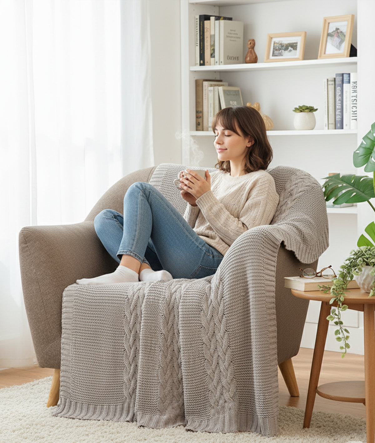 Archer Opal Grey Cotton Knitted Throw /Blanket  For Round The Year Use (125x150cm)