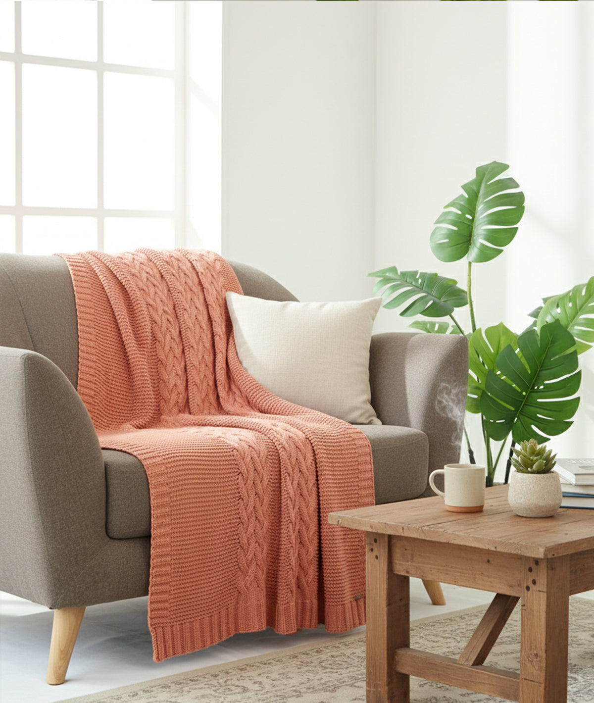 Archer Dusty Coral Cotton Knitted Throw /Blanket  For Round The Year Use (125x150cm)