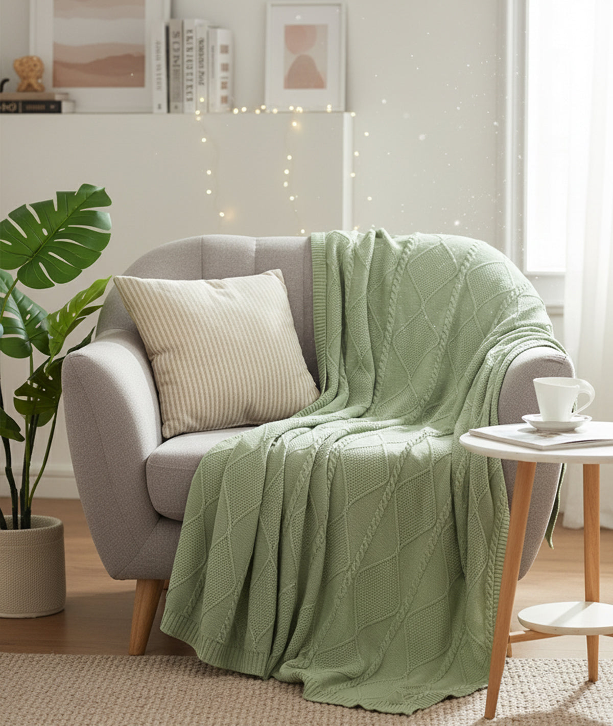 Cable Moss Throw Desert Sage Color 100% Cotton Knitted All Season AC T ...