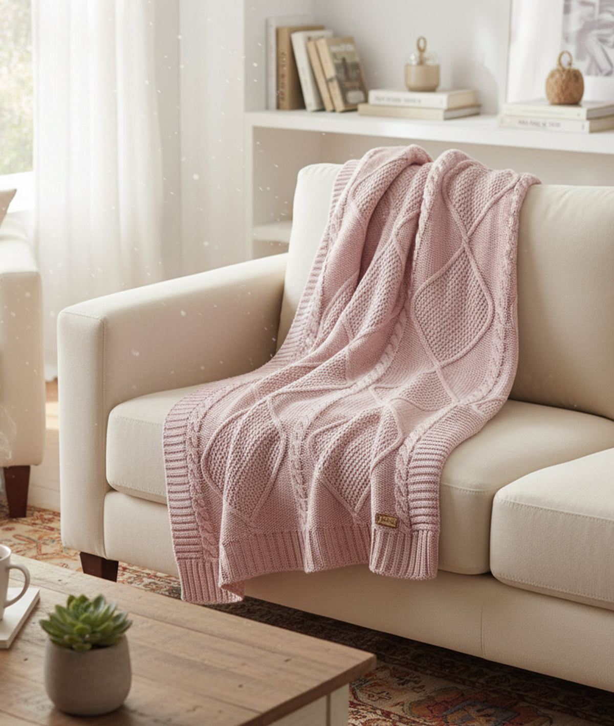 Cable Moss Throw Dull Rose Color 100% Cotton Knitted All Season AC Throw Blanket