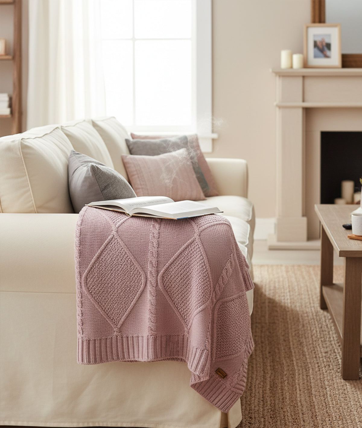 Cable Moss Throw Dull Rose Color 100% Cotton Knitted All Season AC Throw Blanket