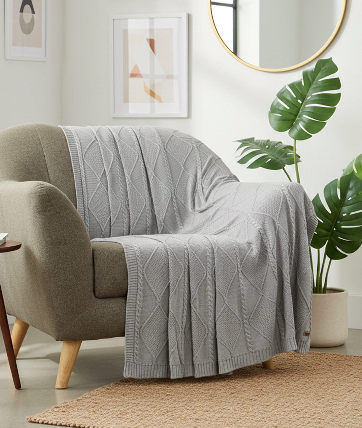 Cable Moss Throw Cool Grey Color 100% Cotton Knitted All Season AC Thr ...