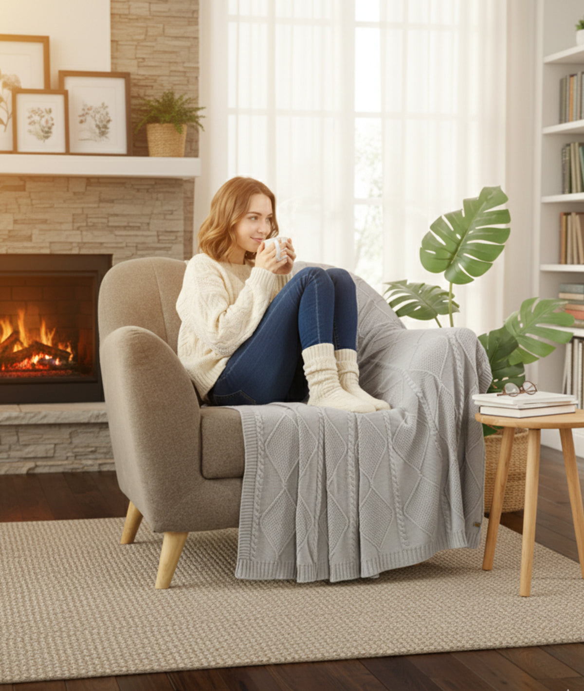 Cable Moss Throw Cool Grey Color 100% Cotton Knitted All Season AC Throw Blanket