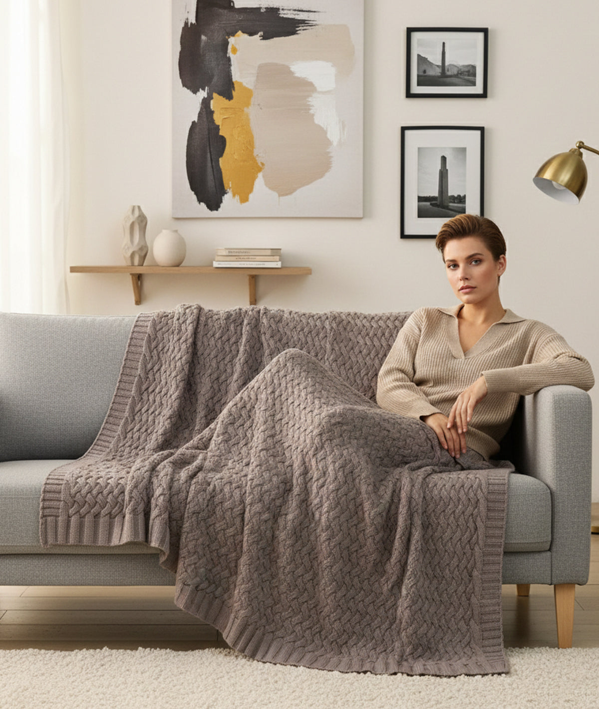 CRISS CROSS Smokey Grey Color 100% Cotton Knitted All Season AC Throw ...