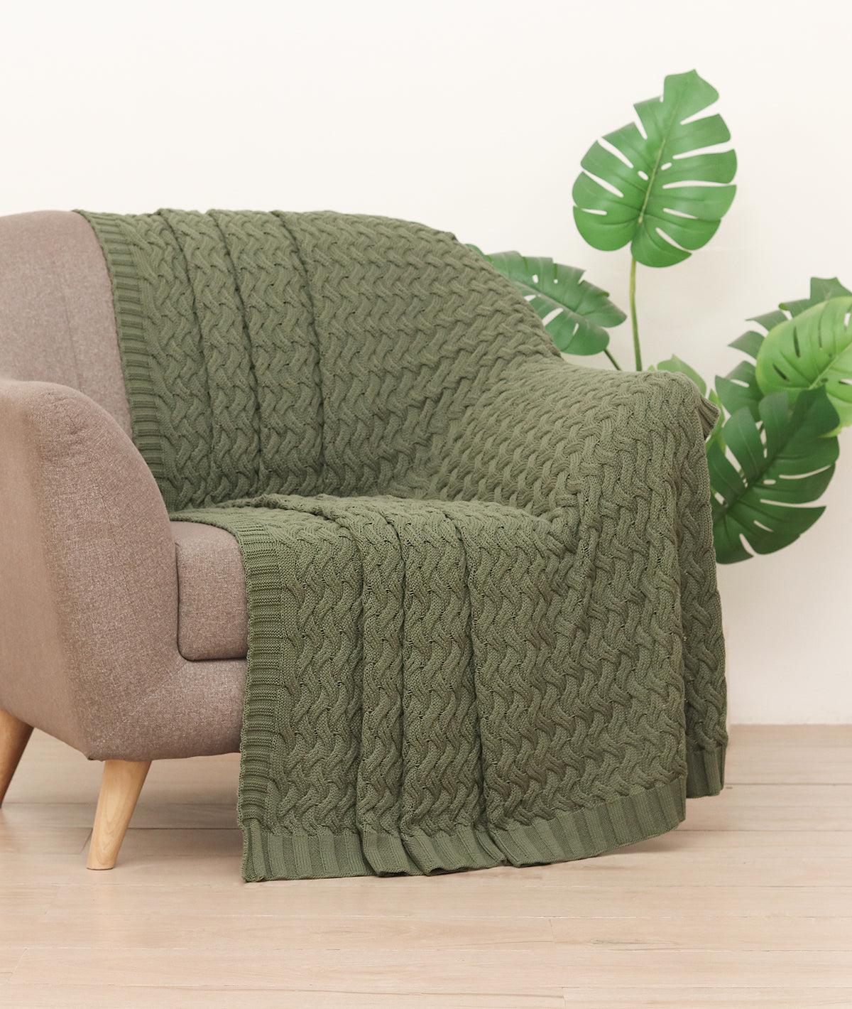 CRISS CROSS Deep Lichen Green 100% Cotton Knitted All Season AC Throw ...