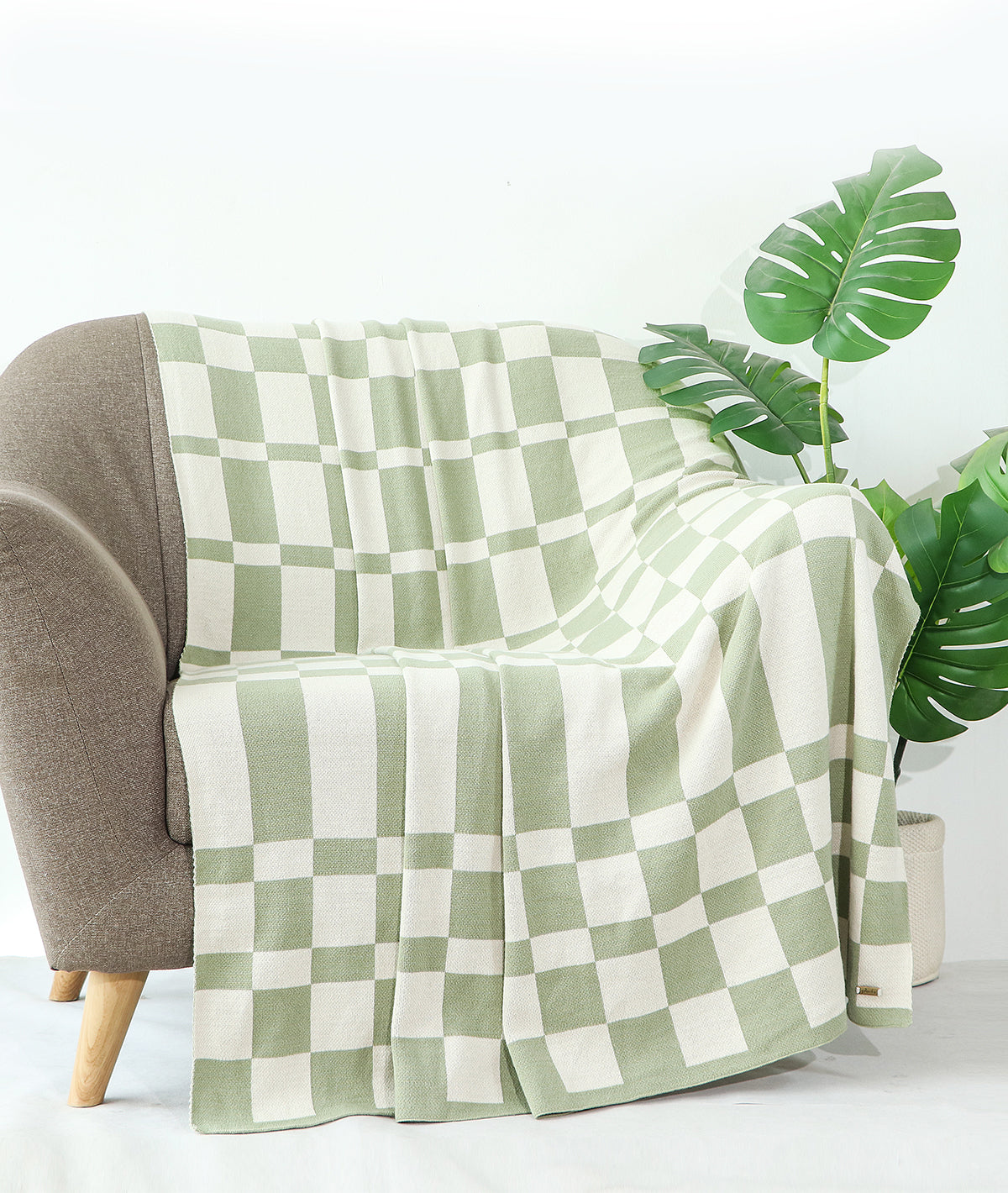 Checkerd Mint Green & Natural Color 100% Cotton Knitted All Season AC Throw Blanket
