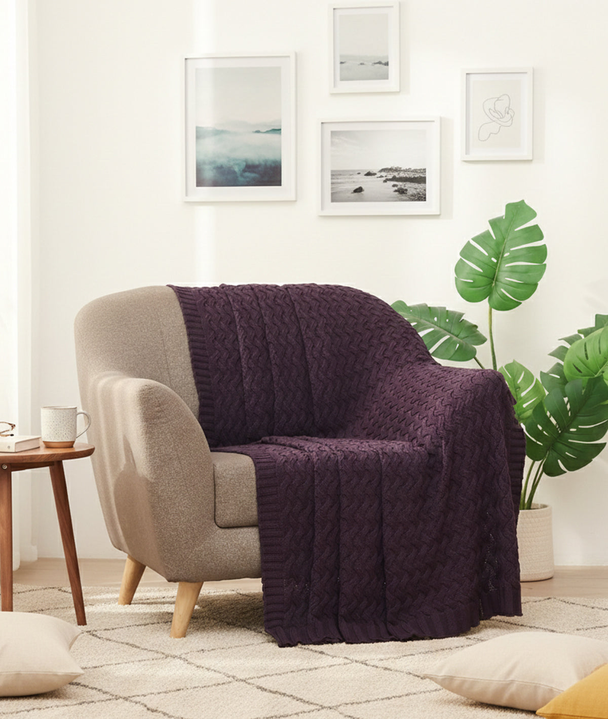 CRISS CROSS Aubergine 100% Cotton Knitted All Season AC Throw Blanket ...