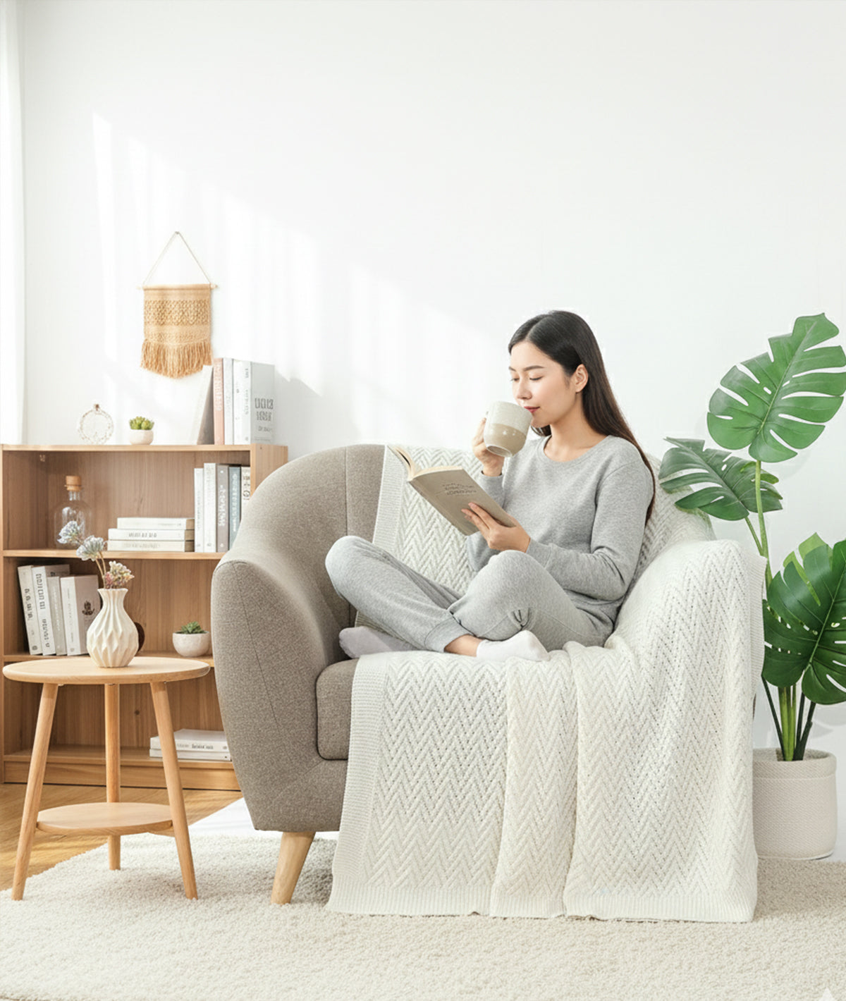 Elsa Ivory Cotton Knitted Throw /Blanket  For Round The Year Use (125x150cm)