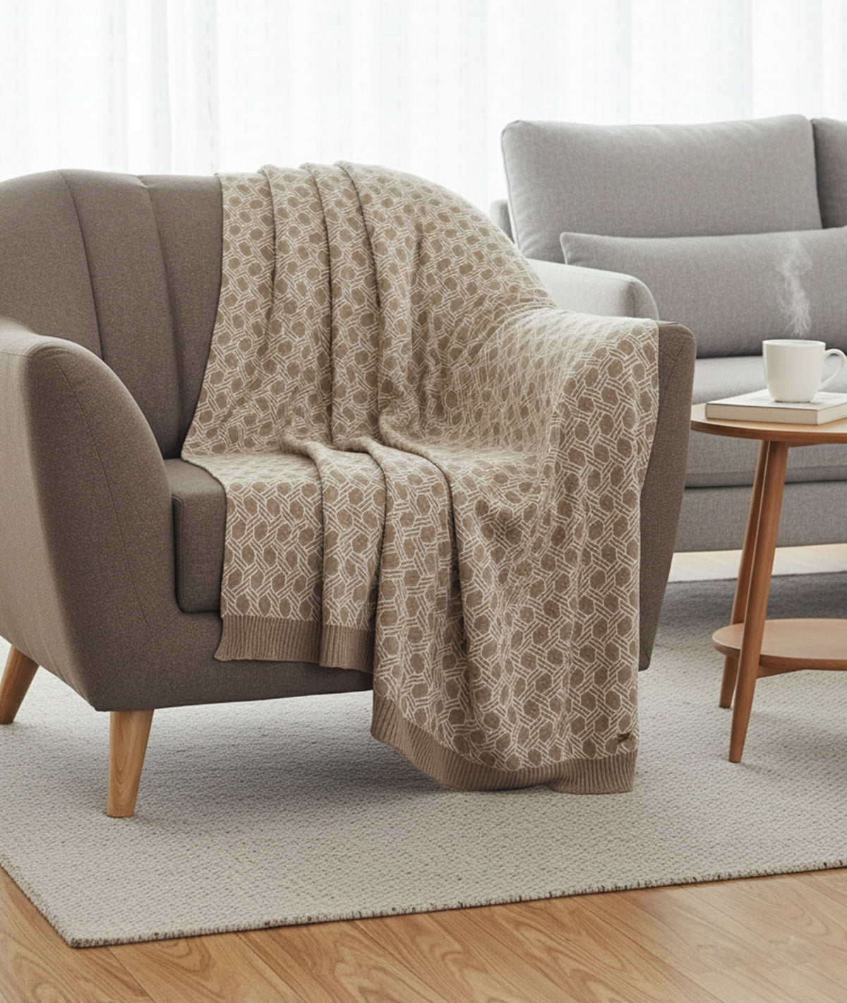 Geometric Stone & Natural Color 100% Cotton Knitted All Season AC Throw Blanket