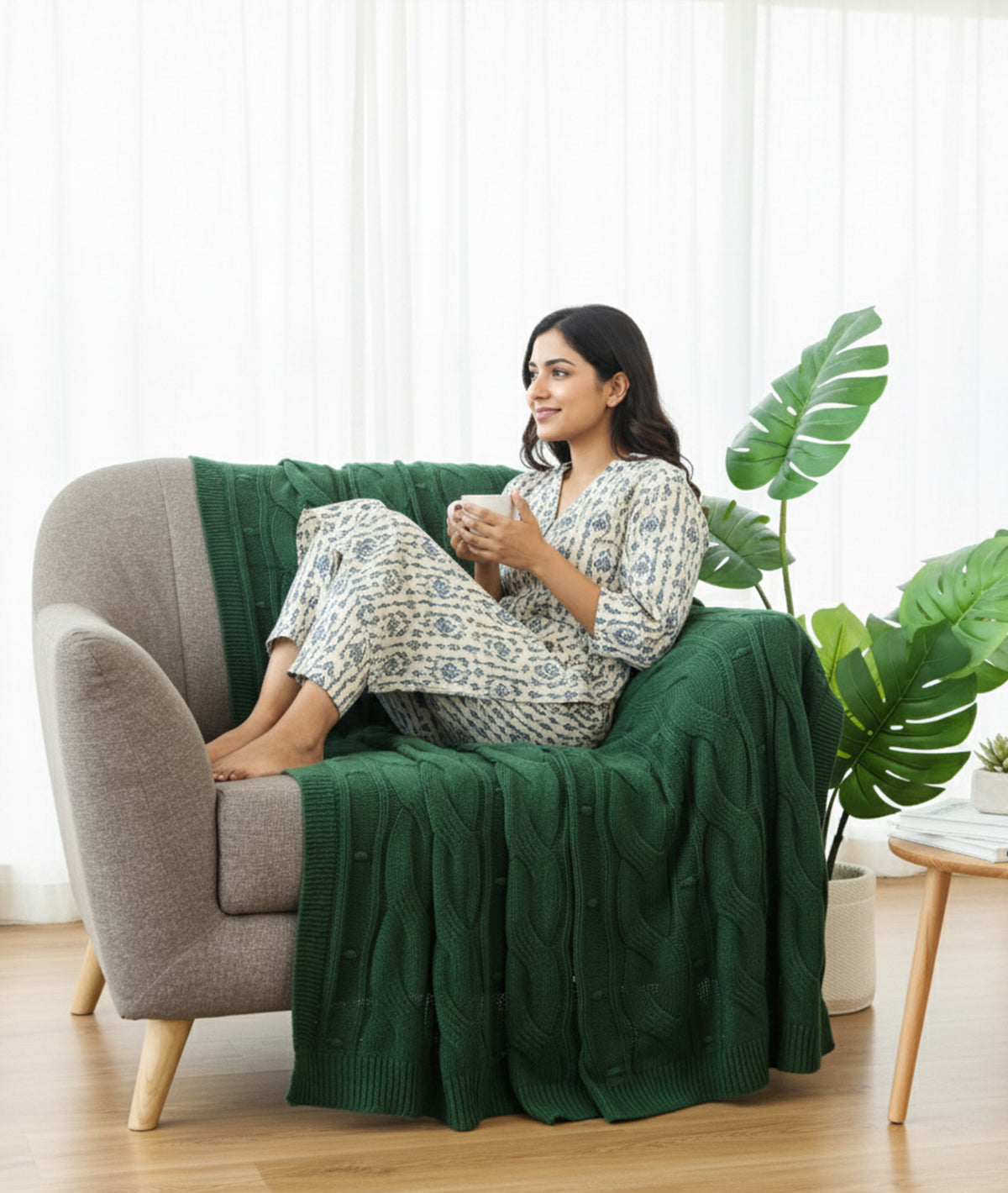 Granite Knit British Green Cotton Knitted Throw /Blanket  For Round The Year Use (125x150cm)