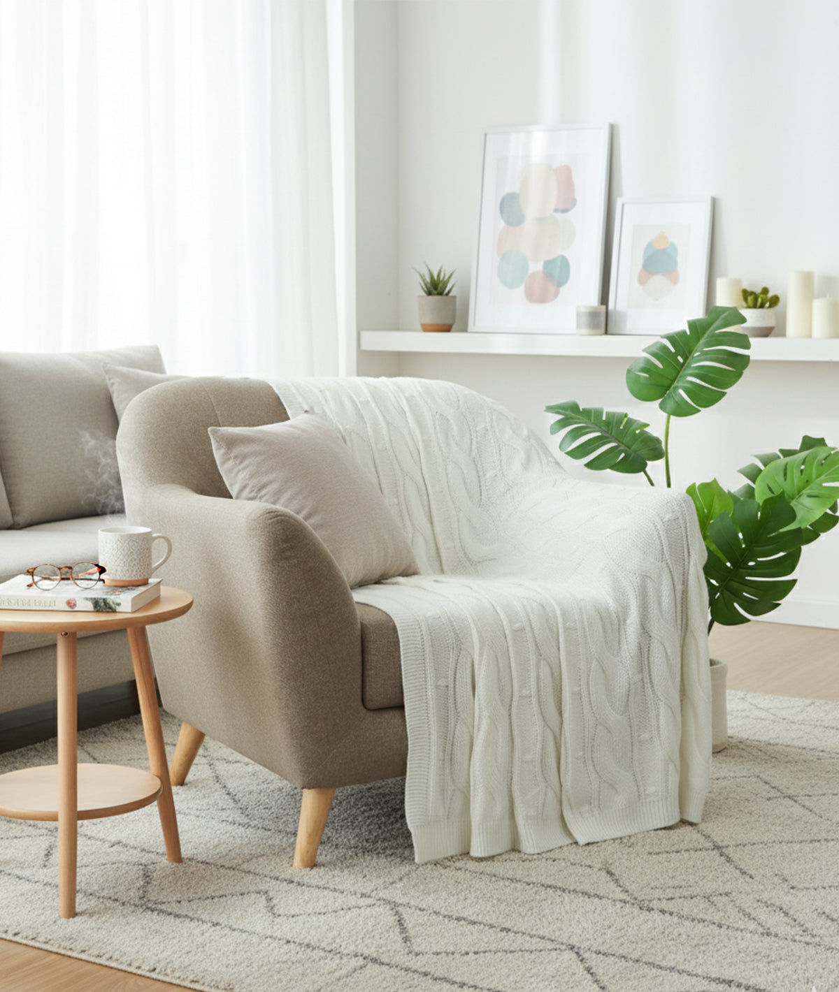 Granite Knit Ivory Cotton Knitted Throw /Blanket  For Round The Year Use (125x150cm)