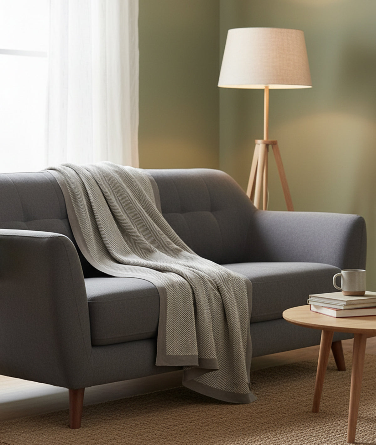 Herringbone Light Grey & Natural Color 100% Cotton Knitted All Season AC Throw Blanket