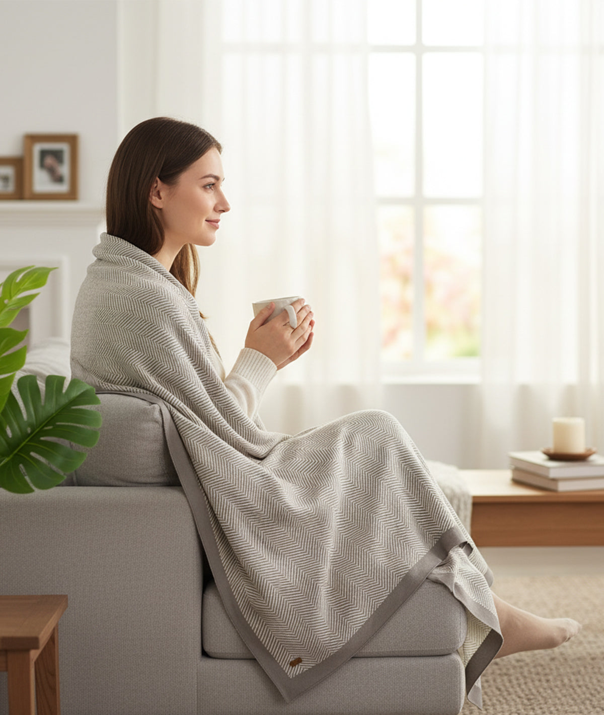 Herringbone Light Grey & Natural Color 100% Cotton Knitted All Season AC Throw Blanket