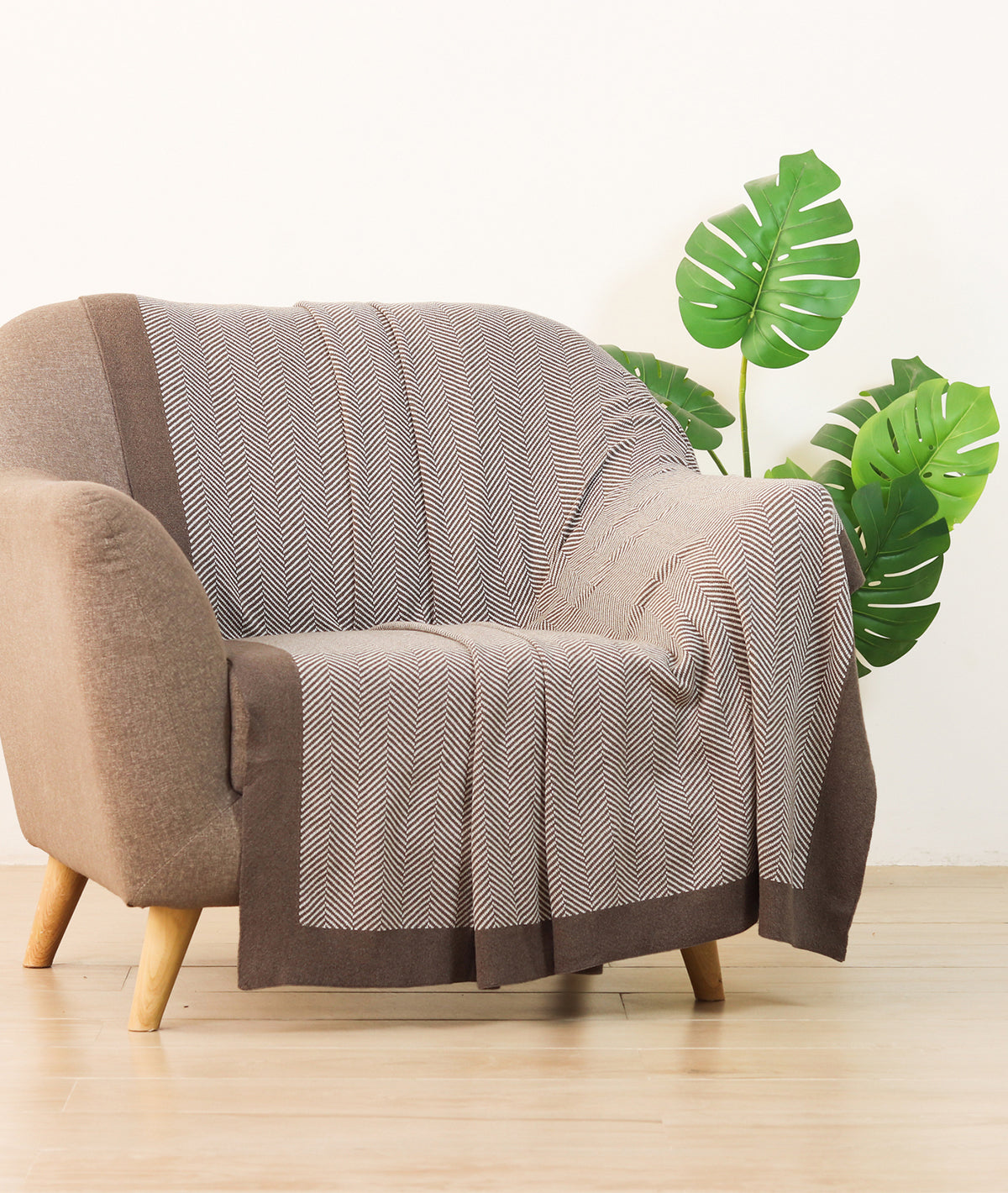 Herring Bone Dark Brown Melange & Natural Cotton Knitted Throw /Blanket For Round The Year Use (125x150cm)